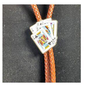 Brown Braided Leather Bolo Tie With Poker Cards Slide & Brass Tips Gambler Gift